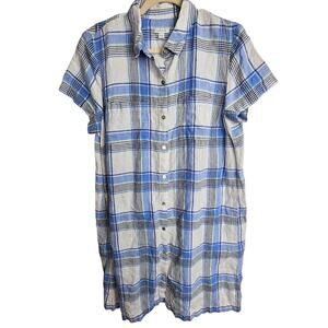 J Jill Dress J Jill Linen Dress Shirt Dress Mini Dress Plaid Dress L Blue White